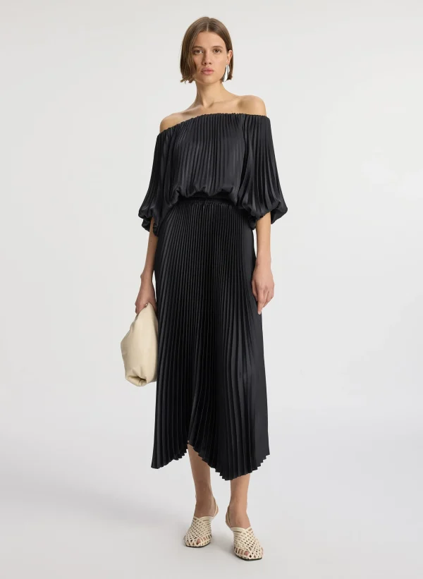 Women A.L.C. Dresses>Sienna Satin Pleated Off Shoulder Dress