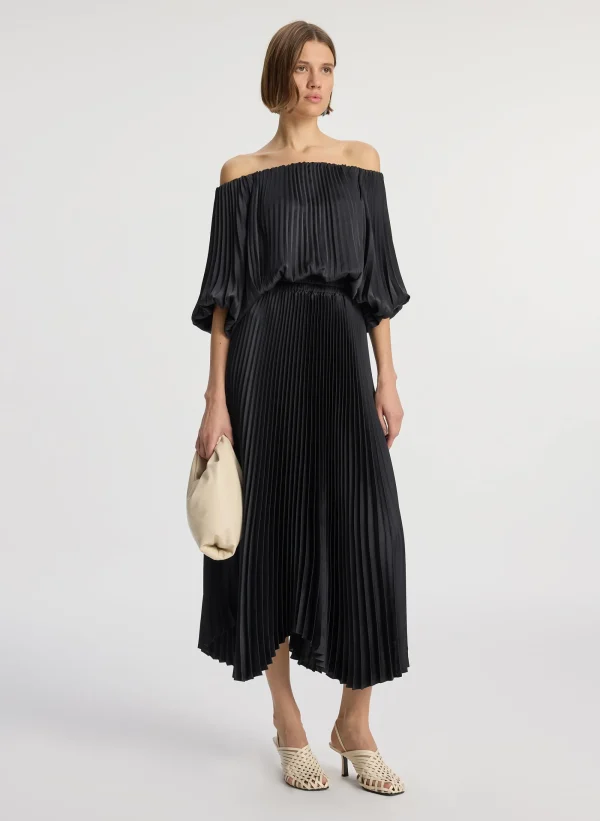 Women A.L.C. Dresses>Sienna Satin Pleated Off Shoulder Dress