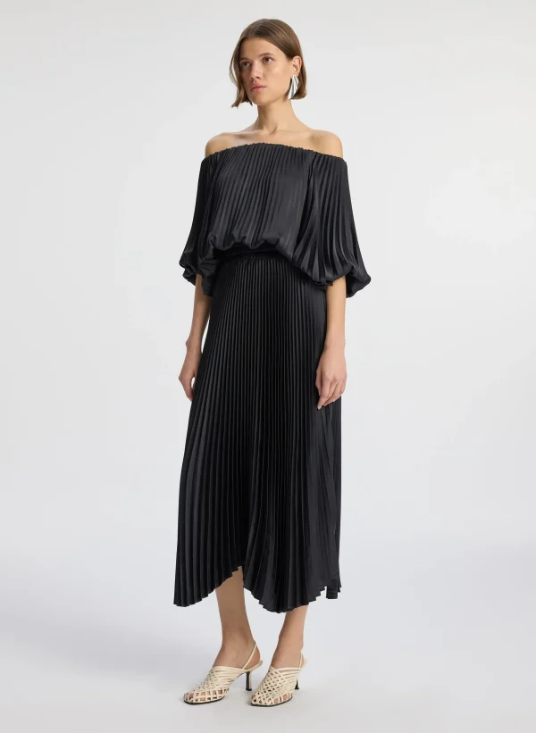 Women A.L.C. Dresses>Sienna Satin Pleated Off Shoulder Dress